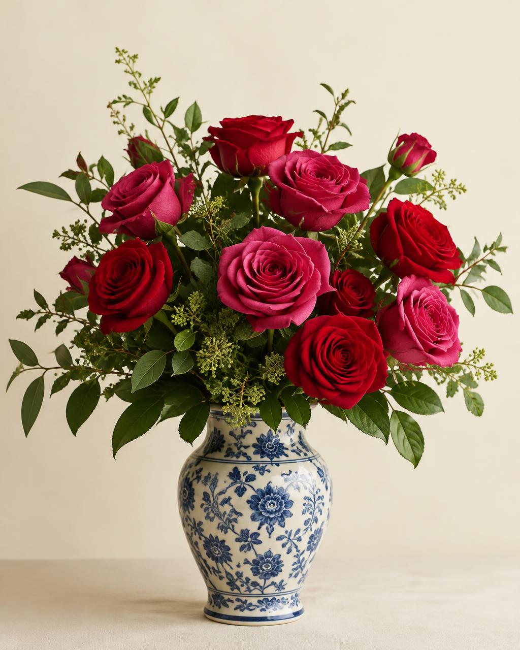Arranjo de rosas num vaso de cerâmica
